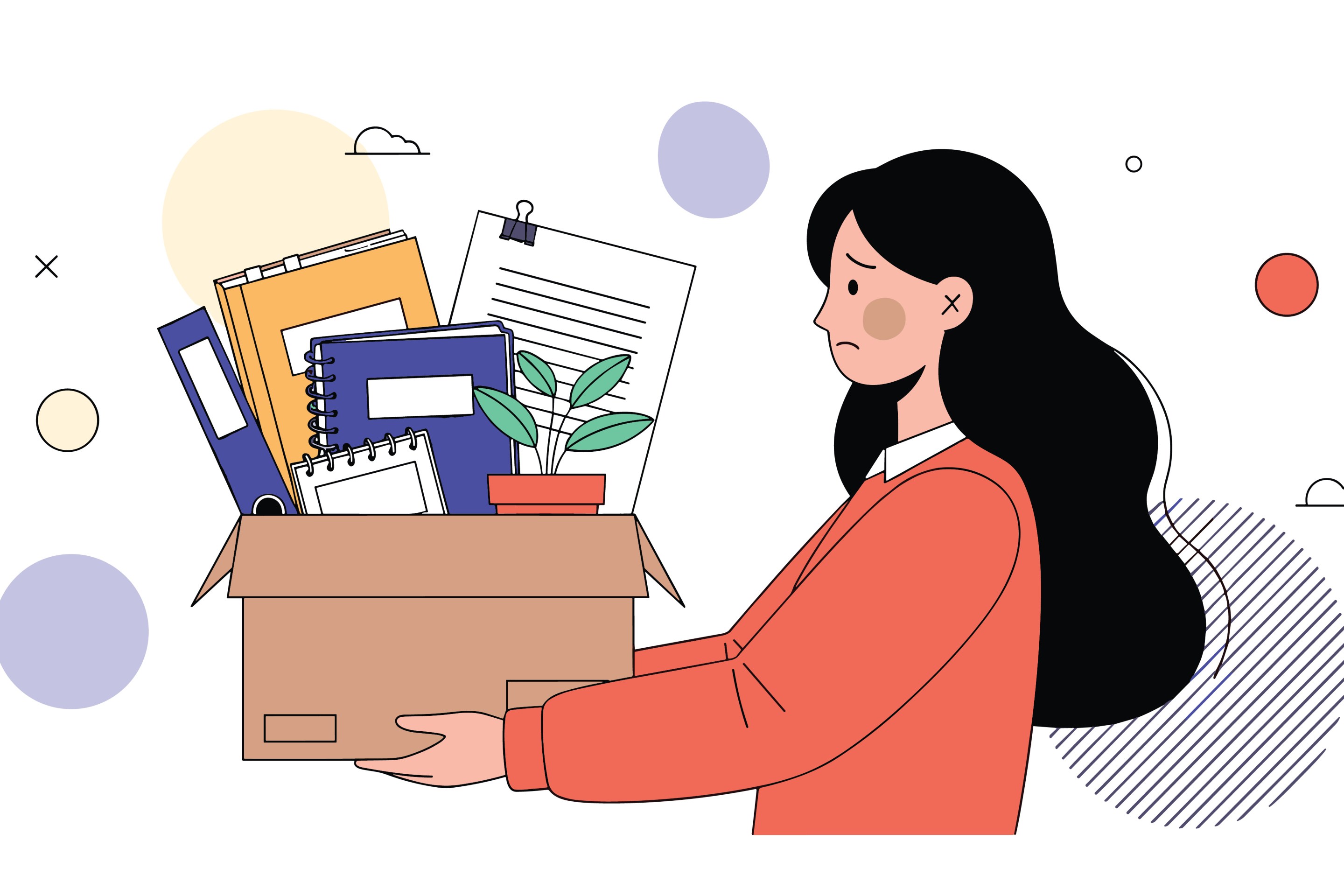 Sad young woman carries a cardboard box filled with her office belongings after losing her job and facing unemployment.