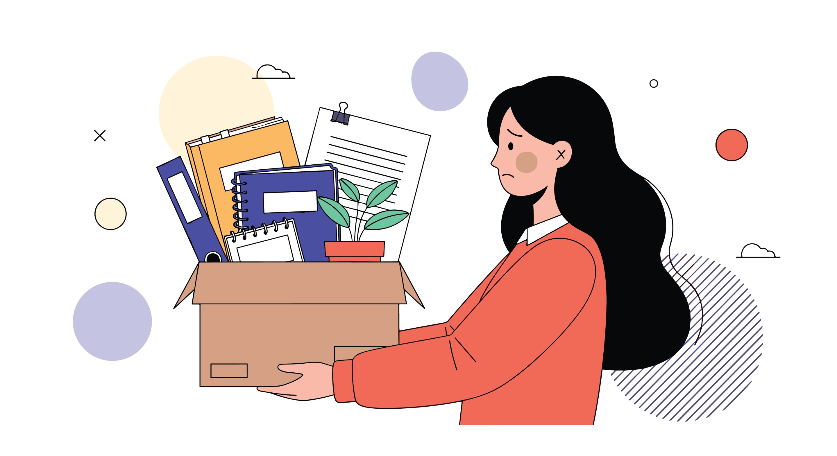 Sad young woman carries a cardboard box filled with her office belongings after losing her job and facing unemployment.