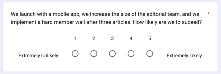 We launch with a mobile app, we increase the size of the editorial team, and we implement a hard member wall after three articles. How likely are we to suceed?Extremely unlikely 1 2 3 4 5 extremely likely